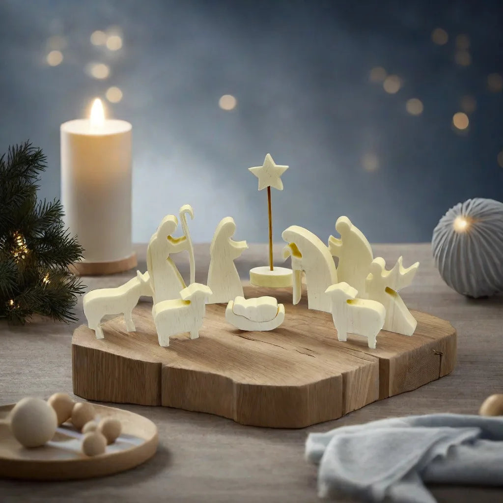 Modern Wooden Nativity Set 11 Pieces